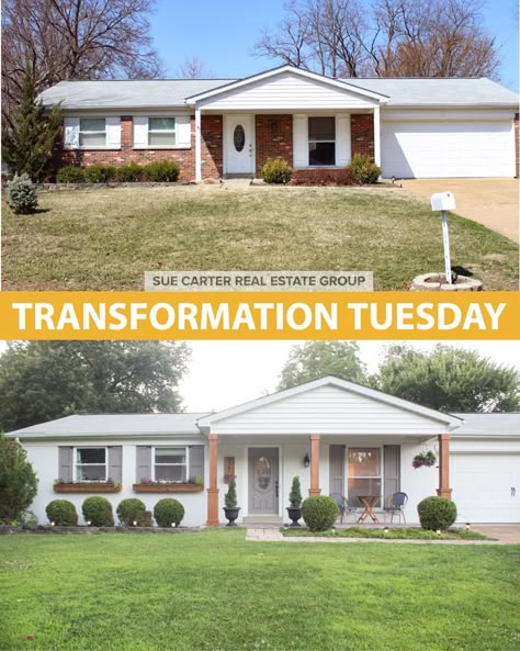 Outside Remodel Before And After, 60s Exterior Remodel, Old Brick Homes Exterior Makeover, Builder Grade Exterior Makeover, Small House Before And After Exterior, Small House Makeover Exterior, 1950s Exterior House, 1950s Ranch House Exterior Remodel, Small Home Exterior Makeover