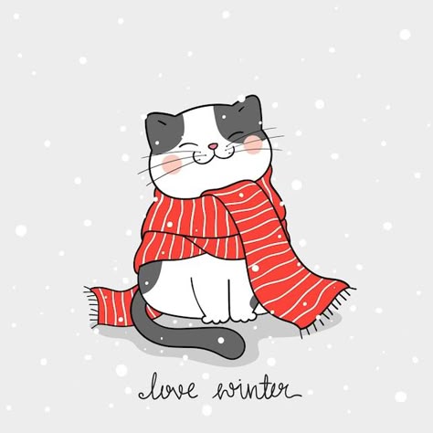 Cat In Snow, Winter Drawings, Christmas Graphic Design, New Year Art, Christmas Kitten, Winter Cat, Doodle Cartoon, Christmas Doodles, Merry Christmas Card Greetings