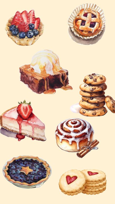 Desserts Drawing, Food Art Painting, Watercolor Art Journal, Cute Food Drawings, Pastry Art, Food Wallpaper, Food Stickers, Book Art Diy, Cooking Art