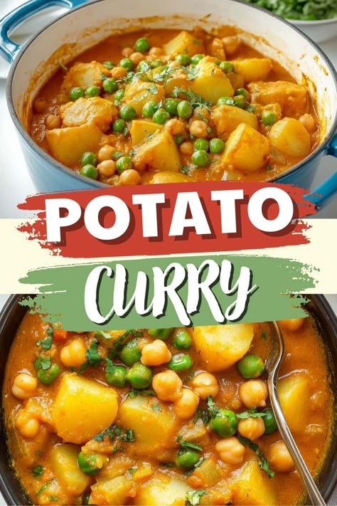 This hearty potato curry features tender potatoes, creamy coconut milk, and warm spices, served with rice and naan for a comforting, flavorful meal. Chickpeas And Potato Curry, Curry Recipes Potato, Potato Indian Curry, Curry Potatoes Indian, Coconut Curry Potatoes, Potato Curry Indian, Indian Potatoes, Curried Potatoes, Curry Potatoes