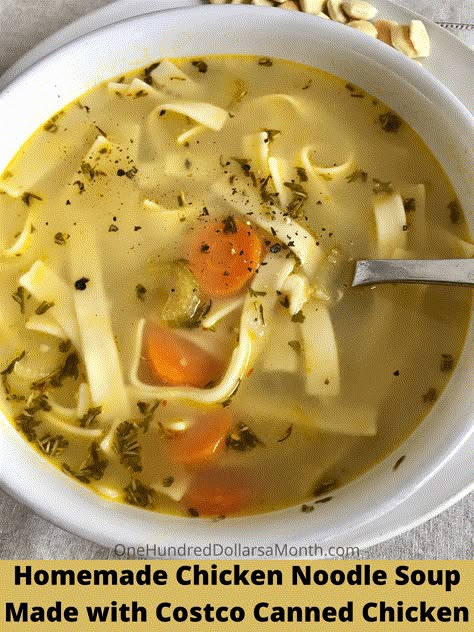 Homemade Chicken Noodle Soup Made with Costco Canned Chicken - One Hundred Dollars a Month Copycat Costco Chicken Noodle Soup, Chicken Noodle Soup Canned Chicken, Costco Canned Chicken, Canned Chicken Soup, Fried Pickle Spears, Chicken Noodle Soup Can, Canned Chicken Recipes, Pickle Spears, Simple Soups