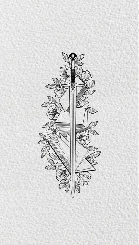 Fine linework of sword and floral tattoo inspired drawing Falling Books Tattoo, Fineline Bookish Tattoo, Book Tattoo Drawings, Tattoo Ideas Fantasy Art, Books And Swords Tattoo, Bookish Line Art, Drawings Of Swords, Nesta Tattoo Ideas, Books Tattoo Design