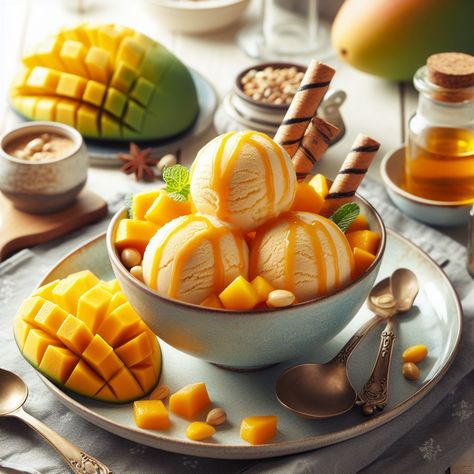 Mango Ice Cream Recipe Homemade Mango Ice Cream, Mango Ice Cream Recipe, Ice Cream Photography, Mango Ice Cream, Ice Cream Gelato, Mango Puree, Refreshing Desserts, Front Hair, Ice Cream Recipe