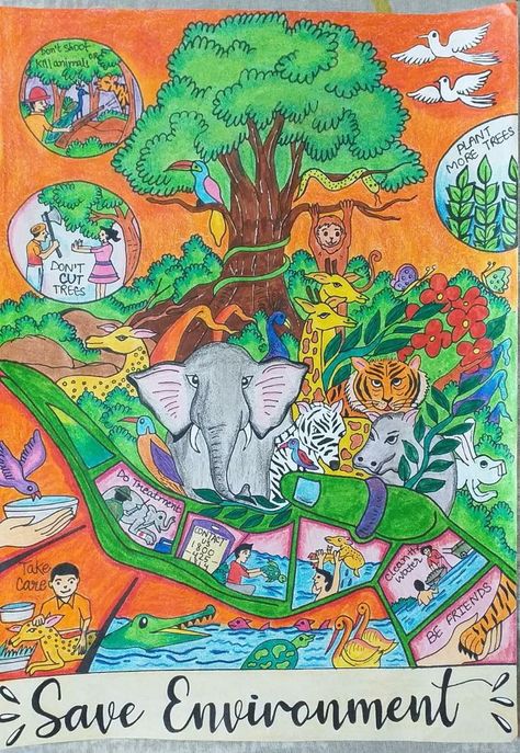 Save Wildlife Poster Painting, Poster On Save Environment, Save Nature Poster Environment, Save Environment Poster Drawing, Nature Drawing Pictures, Save Animals Poster, Save Earth Drawing, Save Water Poster Drawing, Earth Day Drawing