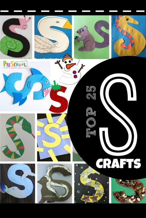 TOP 25 Letter S Crafts - lots of fun alphabet crafts for kids from toddler, preschool, and kindergarten age kids covering sun, shark, skunk, snail, swan, strawberry, snowman, starts, and more! #alphabet #craftsforkids #preschool Letter S Kindergarten, Preschool Letter S, Letter S Crafts, Letter S Activities, Preschool Letter Crafts, Snake Crafts, Sun Crafts, Abc Crafts, Kindergarten Craft