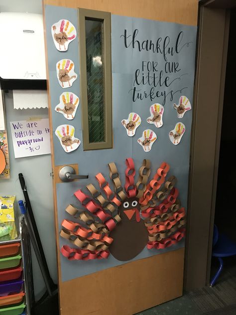 Thanksgiving Doors For Daycare, Thanksgiving Themed Classroom Door, November Daycare Door Ideas, Thanksgiving Toddler Door Ideas, Thanksgiving Door For Classroom, Turkey Classroom Decorations, Thanksgiving Door Preschool, Thanksgiving Doors For Classroom, Thanksgiving Infant Door Ideas