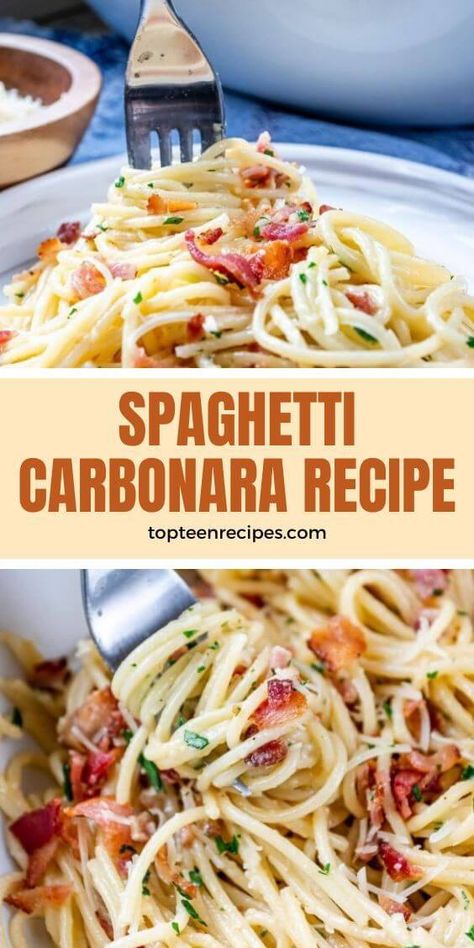 Spaghetti Carbonara Recipe - Top Recipes Spaghetti Carbonara Recipe, Pasta Carbonara Recipe, Recipe Pasta, Carbonara Recipe, Bacon Pasta, Pasta Carbonara, Food Italian, Italian Foods, Spaghetti Carbonara