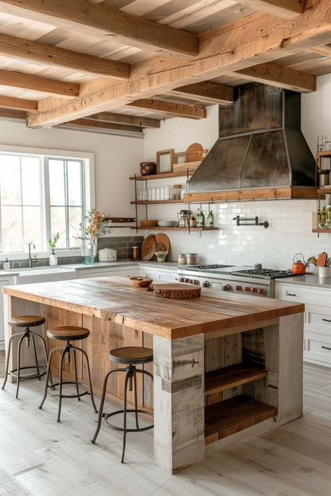 Farmhouse Kitchen Inspiration, Gorgeous Farmhouse, Rustic Country Kitchens, Rustic Kitchen Island, Kitchen Island Decor, Rustic Modern Kitchen, Interior Design Rustic, Farmhouse Kitchen Design, Rustic Farmhouse Kitchen