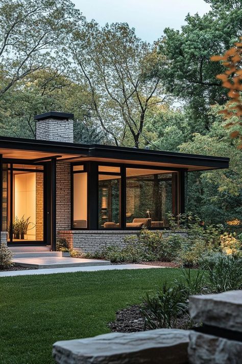 Flat Roof Bungalow Modern, Mid Century Modern Windows, Modern House Flat Roof, Flat Roof House Exterior, Flat Roof Bungalow, Small Mid Century House, Mid Century Modern Bungalow, Mid Century Modern Exterior Makeover, Small Bungalow House Design