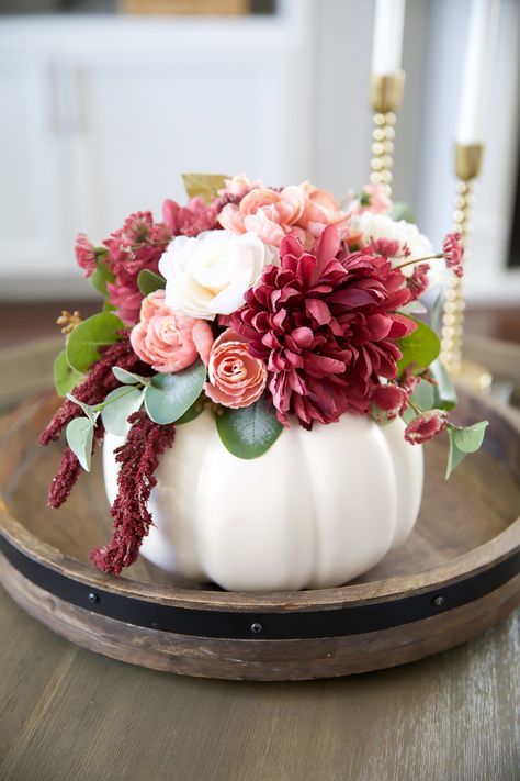 White Pumpkin Centerpieces, Pumpkin Floral Arrangements, Fall Pumpkin Centerpieces, Pumpkin Vase, Pumpkin Arrangements, Fall Flower Arrangements, Flowers And Greenery, Fall Floral Arrangements, Pumpkin Flower