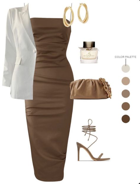 Tan Fitted Dress Outfit, Brown Midi Dress Outfit Casual, Brown Fitted Dress Outfit, Chocolate Dress Outfit Classy, Brown Bodycon Dress Outfit With Jacket, Brown Dress Jewelry, Brown Dress Midi, Brown Maxi Dress Outfit Summer, Brown Dress With Blazer