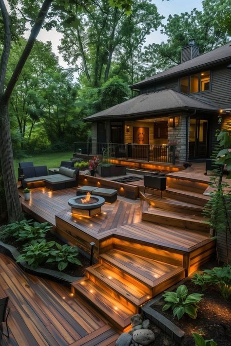 Open Deck Ideas, Large Deck Ideas, Bedroom Deck Ideas, Wooden Villa, Tiered Deck, Patio Deck Designs, Wooden Deck, Deck Designs Backyard, Backyard Kitchen