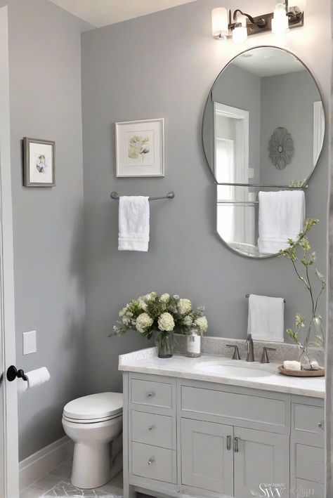 Unleash modern elegance with SW Light French Gray (0055) in your cozy bathroom. Transform your daily routine into a tranquil retreat with a touch of grace. #Ad #homedecor #homedesign #bathroom #Painthome interiorarchitecture best Wall Colors for Bathroom Colors Bright Room Colors best colors combinations bathroom bathroom Remodeling Modern Paint Colors 2024 Guest Bathroom Colors, Grey Powder Room, White Powder Room, Half Bath Design, Small Guest Bathroom Ideas, Small Guest Bathroom, Downstairs Bathroom Ideas, Small Powder Room Ideas, Half Bathroom Ideas