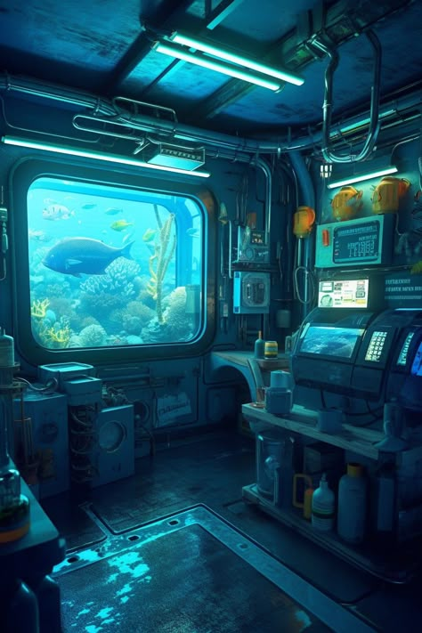 Underwater Base Concept Art, Sci Fi Aquarium, Futuristic Ocean City, Water Cyberpunk, Cyberpunk Aquarium, Underwater Cyberpunk, Subnautica Aesthetic, Underwater Sci Fi, Underwater Laboratory