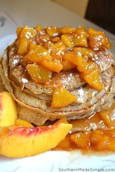 Easy Peach Compote - the perfect sweet topping for pancakes, muffins, pound cakes, and SO much more! Peach Compote, Stack Of Pancakes, Compote Recipe, Juicy Peach, Fruit Compote, Summer Baking, Peach Desserts, Baking Desserts, Peach Recipe