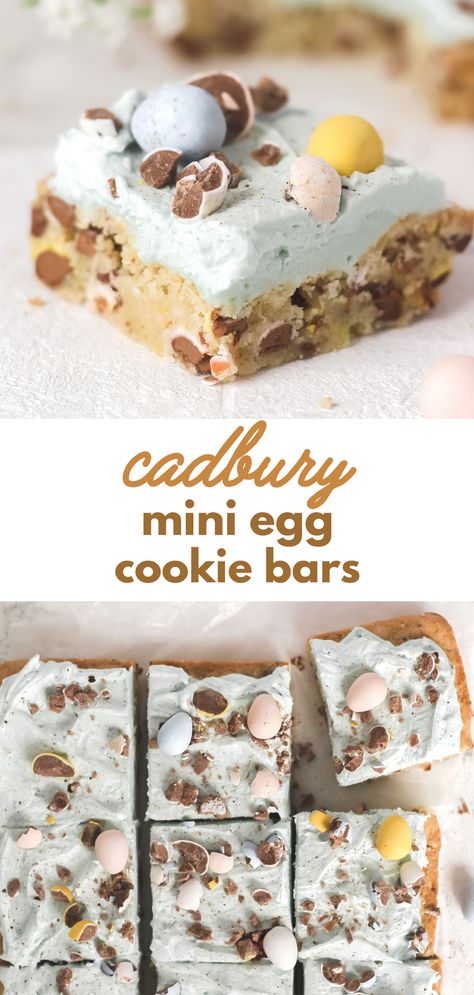 These Cadbury Mini Egg Cookie Bars make a quick and easy Easter dessert that everyone will love. They are topped with robins egg blue speckled frosting and loaded with Cadbury Mini eggs on the inside and out! Mini Egg Easter Dessert, Cadbury Dessert Recipes, Easter Desserts With Mini Eggs, Robins Egg Dessert, Cadbury Mini Egg Cookie Bars, Cadbury Easter Egg Cheesecake, Cadbury Egg Bars, Cadbury Cookie Bars, Cadbury Egg Blondies