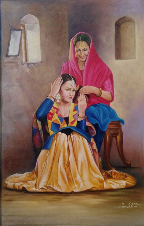 Pakistani Art Paintings, Old Punjabi Culture Pics, Punjabi Culture Painting, Punjabi Culture Art, Punjabi Illustration, Long Hair Indian Women, Indian Women Hair, Rangla Punjab, Old Punjab