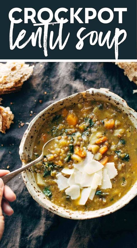 Detox Crockpot Lentil Soup - a nourishing and easy soup recipe made with onions, garlic, carrots, kale, olive oil, squash, and lentils. Vegan / vegetarian / gluten free and SUPER delicious! #crockpot #slowcooker #lentils #vegan Squash And Lentils, Crockpot Lentil Soup, Garlic Carrots, Lentils Vegan, Easy Soup Recipe, Lentil Soup Recipe, Simple Soup, Best Crockpot, Vegetarian Gluten Free