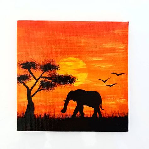 This sunset painting with a giant elephant's silhouette, is blazing with fabulous colours and is overlooked by a bold, bright yellow sun. Savannah Painting, Sunset Savannah, Painting Elephant, Sunset Canvas Painting, Acryl Painting, Elephant Silhouette, Beach Art Painting, Art University, Silhouette Painting