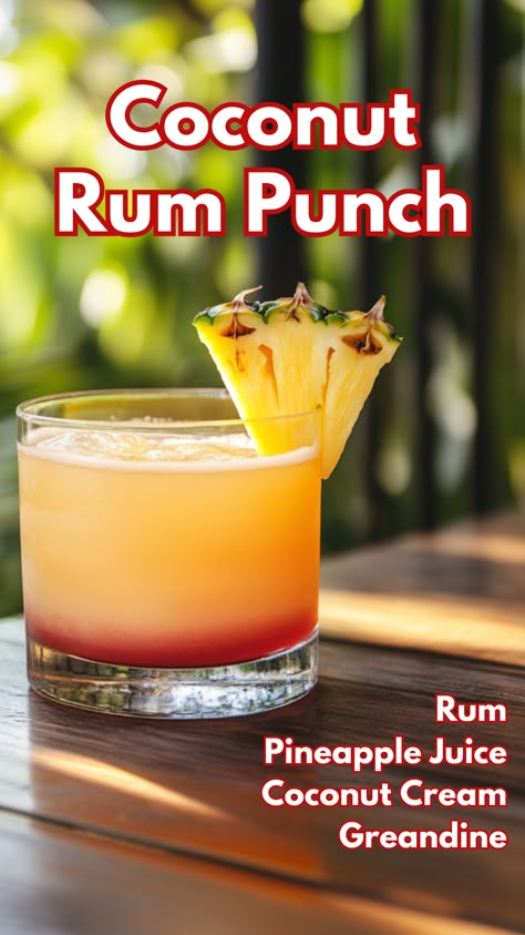 Pineapple Juice Cocktails, Coconut Rum Punch, Coconut Rum Cocktails, Coconut Rum Punches, Garnishing Ideas, Coconut Rum Drinks, Rum Drinks Recipes, Mixed Drink Recipes, Juice Cocktails