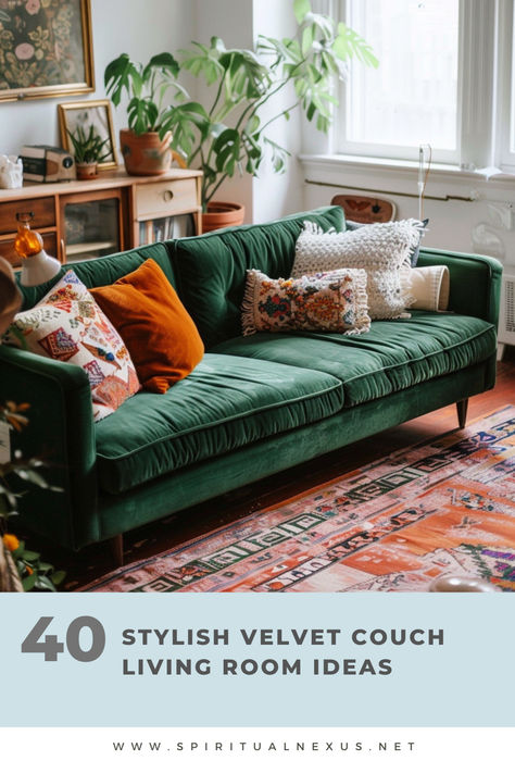 Get inspired by 40 stylish velvet couch living room ideas. From minimalist to eclectic, these designs will elevate your space. #StylishLivingRoom #VelvetCouch #InteriorDesign Green Suede Couch Living Rooms, Chartreuse Couch Living Room Ideas, Chartreuse Velvet Sofa, Green Velvet Home Decor, Green Linen Sofa Living Room, Cushions For Dark Green Sofa, Eclectic Living Room Green Couch, Green Corduroy Couch Living Room Ideas, Brown Emerald Green Living Room