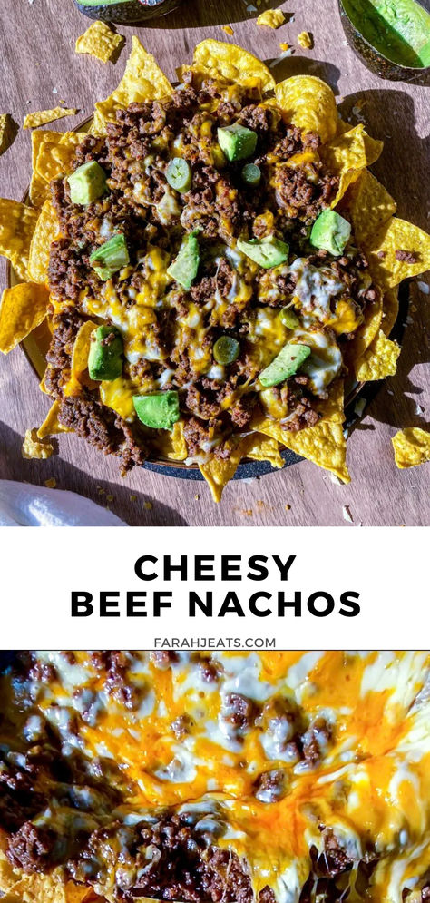 2 photos of easy cheesy beef nachos served in a plate. Beef Nachos Recipe Homemade, Unique Nachos Recipes, Nachos Recipe Beef, Beef Nachos, Baked Nachos, Nachos Recipe Easy, Easy Lunch Boxes, Classic Appetizers, Nachos Beef