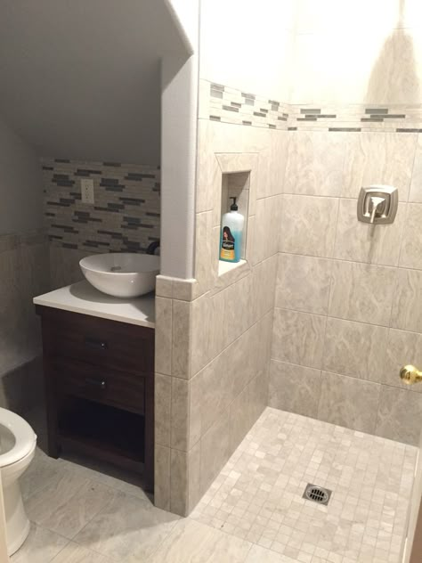 Turned our half bath into 3/4 bath by putting shower in where sink was and sink vanity under stairs Half Bath Under Stairs, Bath Under Stairs, Under Stairs Bathroom, Small Half Bathrooms, Small Basement Bathroom, Stairs Bathroom, Basement Bathroom Design, Bathroom Under Stairs, Basement Bathroom Ideas