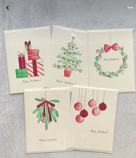 Simple Watercolor Cards Christmas, How To Make Homemade Christmas Cards, Hand Drawn Xmas Cards, Simple Christmas Card Watercolour, Watercolour Pencil Christmas Cards, Hand Painted Watercolor Christmas Cards, Christmas Card With Ornament, Homemade Christmas Cards Ideas Simple, Hand Painted Watercolor Cards