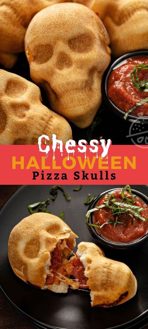 Pizza Skulls, Halloween Pizza, Recetas Halloween, Halloween Food Appetizers, Cheesy Pizza, Spooky Food, Halloween Party Snacks, Halloween Fest, Fun Halloween Food