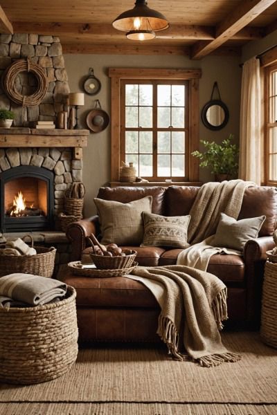 Cozy Cabin Living Room, Brown Sofa Living Room Ideas, Lodge Living Room, Brown Leather Couch Living Room, Brown Sofa Living Room, Sofa Living Room Ideas, Western Living Room, Country Style Living Room, Living Room Decor Brown Couch