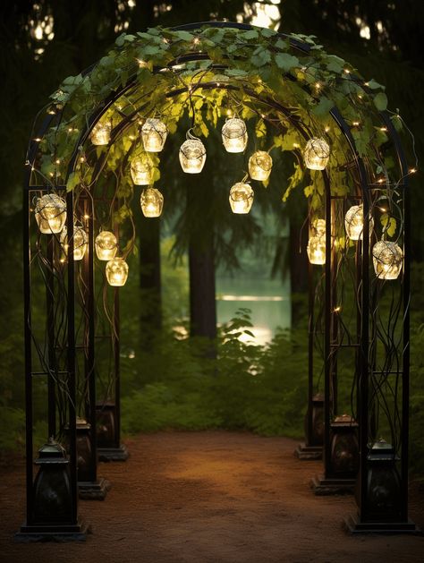 Lanterns In Garden, Lantern Decorations Wedding, Garden Pathway Lights, Garden Party Inspiration, Outdoor Lighting Ideas House Entrance, Garden Wedding Entrance, Garden Archway Ideas, Garden Archways, Outdoor Archway