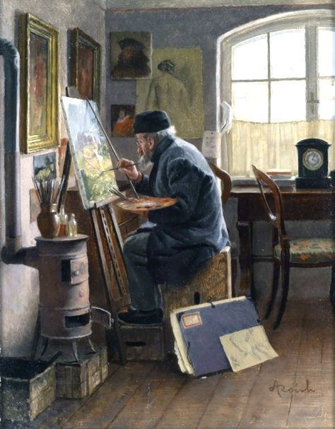 The painter in his Studio - Adolf Reich Interior Paintings, Easels, The Painter, Traditional Paintings, Creative Drawing, 인물 사진, Art Studies, Ancient Art, Figurative Art