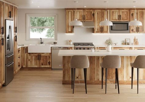 Are Hickory Cabinets Making a Comeback? - RTA Cabinet Blog Hickory Kitchen Cabinets Farmhouse, Stained Hickory Kitchen Cabinets, Natural Hickory Kitchen Cabinets, Hickory Cabinets Kitchen, Natural Hickory Cabinets, Rustic Hickory Kitchen, Rustic Hickory Cabinets, Renovate Kitchen, Hickory Kitchen Cabinets