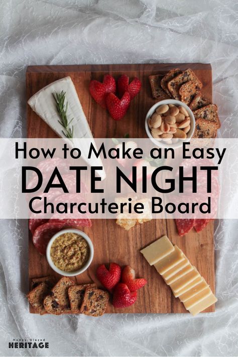 Get ready to wow your special someone with an easy, yet totally swoon-worthy Date Night Charcuterie Board for Two. This board has creamy brie, tangy cheddar, and all the perfect nibbles for a cozy night in. Let me show you how to create this beautiful board with minimal effort, and turn your at home date night into a romantic celebration. ❤️ Date Night Charcuterie Board For Two, Romantic Charcuterie Board For Two, Date Night Appetizers At Home, Charcuterie Board Date Night, Date Night Charcuterie Board, Charcuterie For Two, Charcuterie Board Simple, Charcuterie Board For Two, Fig Butter