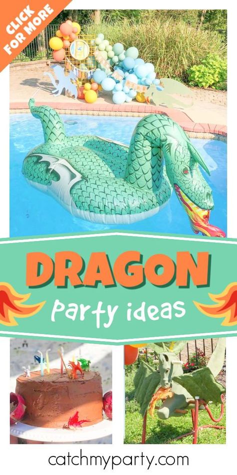 Check out this cool dragon-themed pool party! The decor is so cool! See more party ideas and share yours at CatchMyParty.com Knight Birthday Party Activities, Dragon Bday Party Ideas, Knight Party Games, Medieval Party Activities, Fantasy Birthday Theme, Dragon Party Activities, Dragon Birthday Party Games, Dragon Birthday Party Food, Dragon And Knight Birthday Party