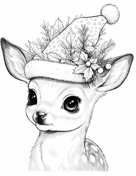 Beautiful Christmas Drawings, Cute Holiday Drawings, Deer Drawing Christmas, Christmas Characters Drawings, Christmas Pencil Sketches, Cute Christmas Animals Drawings, X Mas Drawing, Christmas Deer Drawing, Christmas Sketches Pencil