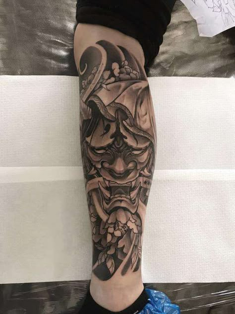 Leg Tattoos For Men, Calf Tattoo Men, Japanese Leg Tattoo, Japanese Tattoos For Men, Oni Tattoo, Japanese Legs, Samurai Tattoo Design, Men Tattoos Arm Sleeve, One Piece Tattoos