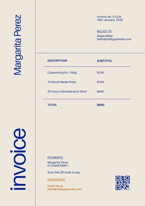 Blue and Cream Invoice Simple Lined Virtual Assistant Invoice Canva Template Freelance Contract Template, Graphic Designer Invoice Design, Minimalist Document Design, Minimalist Invoice Design, Modern Invoice Design, Creative Invoice Design, Cute Invoice Design, Minimalist Layout Design, Invoice Design Creative