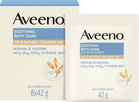 Aveeno Soothing Bath Soak, with 100% Natural Colloidal Oat, Suitable for Sensitive Skin, Relieves & Soothes Very Dry, Itchy & Irritable Skin, 8x42g Powder Sachets : Amazon.co.uk: Health & Personal Care Oatmeal Bath Soak, Soothing Bath Soak, Bath Additives, Oatmeal Bath, Colloidal Oatmeal, Soothing Bath, Dry Itchy Skin, Bathroom Items, Insect Bites