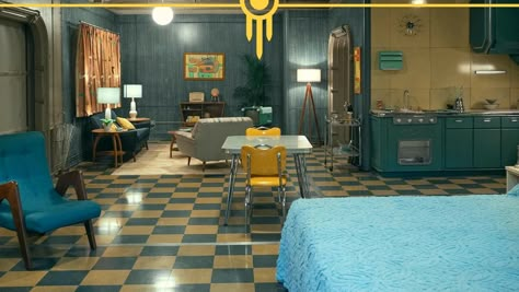 Fallout House Ideas, Fallout Vault Aesthetic, Vault Tec Aesthetic, Fallout 76 Aesthetic, Fallout Themed Room, Fallout Interior, Fallout Kitchen, Fallout Tv Show, Fallout Show