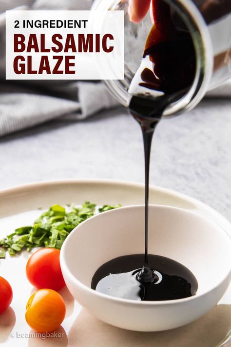 A thick glaze ideal for drizzling over bruschetta, this balsamic glaze recipe is made with just 2 simple ingredients, it's nearly effortless to prepare! It's tangy and slightly sweet--the perfect complement for appetizers, antipasti, chicken, pasta, and more. | Recipe at BeamingBaker.com How To Make Balsamic Glaze, Basalmic Glaze, Hillbilly Recipes, Balsamic Glaze Recipe, Beaming Baker, How To Make Bruschetta, Coney Sauce, Balsamic Glaze Recipes, Vegetable Diet