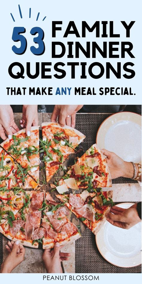 Get the conversation rolling at the family dinner table with these 53 family dinner questions and conversation prompts. Make this special time with your kids more meaningful. It's a great way to connect with your kids for a screen-free dinnertime. Family Dinner Talking Points, Conversation Prompts, Peanut Blossoms, Peanut Gallery, Family Dinner Table, Photography Examples, Sunday Dinner Recipes, Family Projects, Family Tips