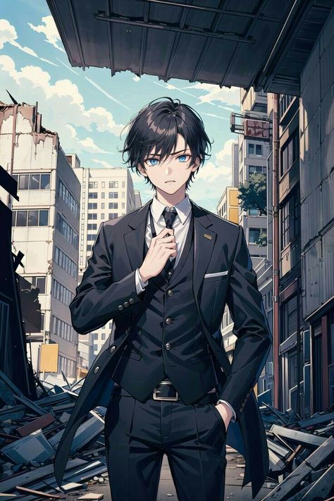 Black Suit Anime Guy, Black Haired Blue Eyed Anime Guy, Anime Guy With Suit, Business Man Anime, Anime Boy In Suit, Anime Guy In Suit, Black Haired Anime Guy, Anime Glasses Boy, Black Hair Anime Guy