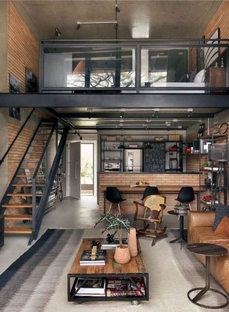 Man Home Decor, Loft Apartment Decorating, Industrial Loft Design, Loft House Design, Industrial Home Design, Tiny House Interior Design, Loft Interior Design, Loft Interiors, Loft Decor