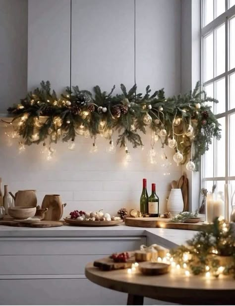 Kitchen Light Christmas Decor, Christmas Garland In Kitchen, Merry Christmas Home Decor, Christmas In The Kitchen Decor, Kitchen Decor Christmas Ideas, Modern Apartment Christmas Decor, Diy Christmas Decorations Kitchen, Christmas Lights In Kitchen, Christmas Decor Ideas For Bakery