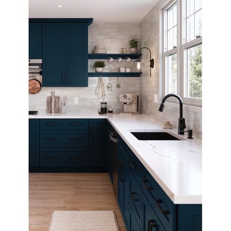 Navy Blue Cabinets With Black Hardware, Kitchen Cabinets Black Hardware, Blue Shaker Kitchen Cabinets, Kitchen Shaker Cabinets, Navy Kitchen Cabinets, Navy Blue Kitchen Cabinets, Cabinet Samples, Blue Cupboards, Navy Cabinets