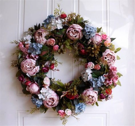 15 Lively Floral Spring Wreath Designs That Will Add A Pop Of Color To Your Decor Cheap Wreaths, Large Door Wreaths, Giants Wreath, Artificial Flower Wreath, Large Garland, Artificial Flower Wall, Hanging Door, Spring Door Wreaths, Blue Wreath