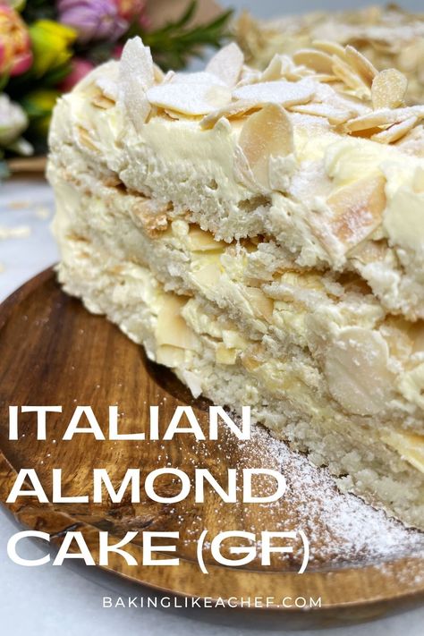 A single slice of layered almond cake with flowers in the background. Italian Almond Cake Recipe, Keto Almond Cake, Italian Almond Cake, Gluten Free Almond Cake, Glutenfri Baking, Almond Desserts, Almond Cake Recipe, Almond Flour Recipes, Almond Cake