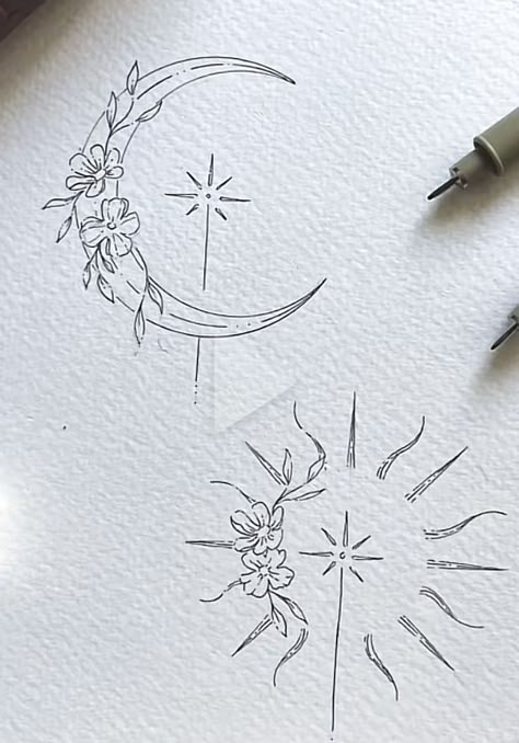 Pretty Sun And Moon Tattoos, Floral Sun And Moon Tattoo Matching, Sun And Moon Tattoo Back Of Neck, Fine Line Moon And Sun Tattoo, Sun Moon And Flower Tattoo, Matching Moon And Sun Tattoos, Fine Line Sun And Moon Tattoo, Sister Tattoos Sun And Moon, Lost Love Tattoo