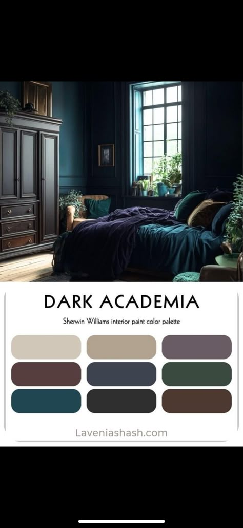 Gothic Home Paint Colors, Dark Academia Paint Palette, Moody Dark Aesthetic, Moody Interior Paint Colors, Dark Paint Colors Sherwin Williams, Moody Home Color Palette, Dark And Moody Color Palette, Boys Attic Bedroom Ideas, Bedroom Paint Colors Dark